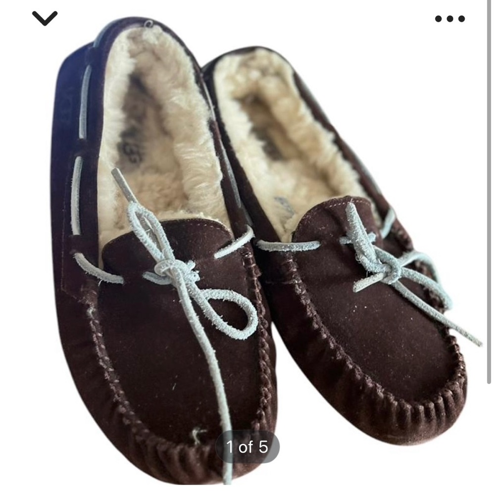 Ugg Brown Suede Moccasin Slippers with light blue Laces